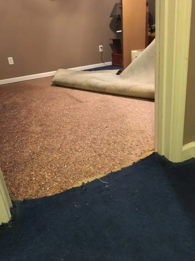 Carpet pad removal revealing water damage during Water Mitigation Services in Lake Hallie